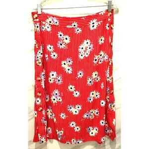 Madewell Midi Skirt Red White Striped Floral Side Button Size 4